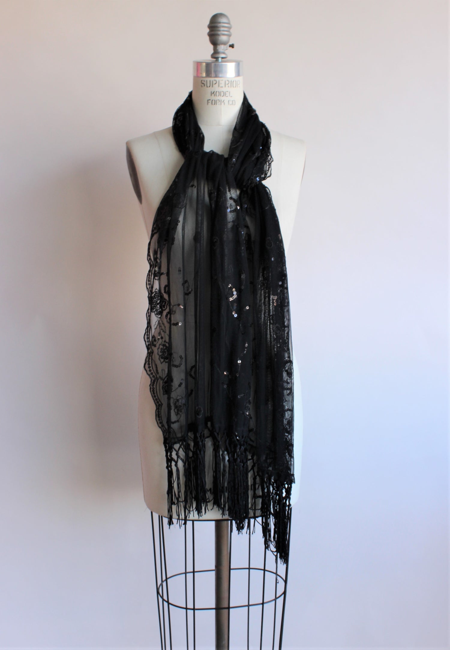 Vintage 1990s Black Lace and Sequin Scarf or Wrap.