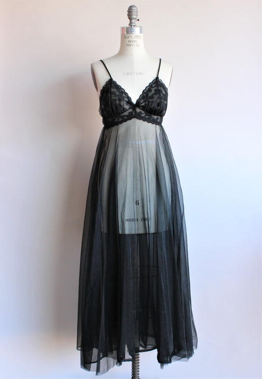 Vintage 1960s Black Peignoir Robe And Nightgown Set