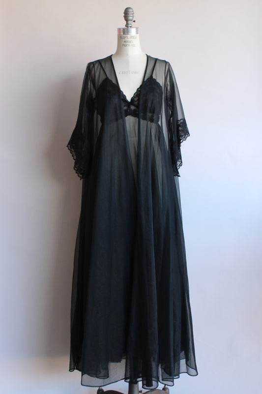 Vintage 1960s Black Peignoir Robe And Nightgown Set