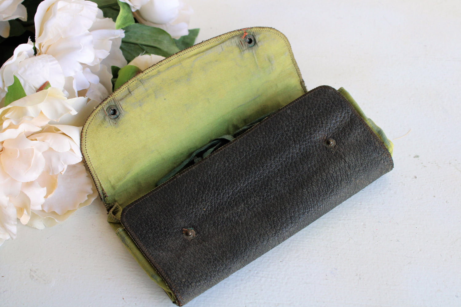 Vintage 1920s 1930s Grooming Kit,  Art Deco Black Leather with Green Silk Lining
