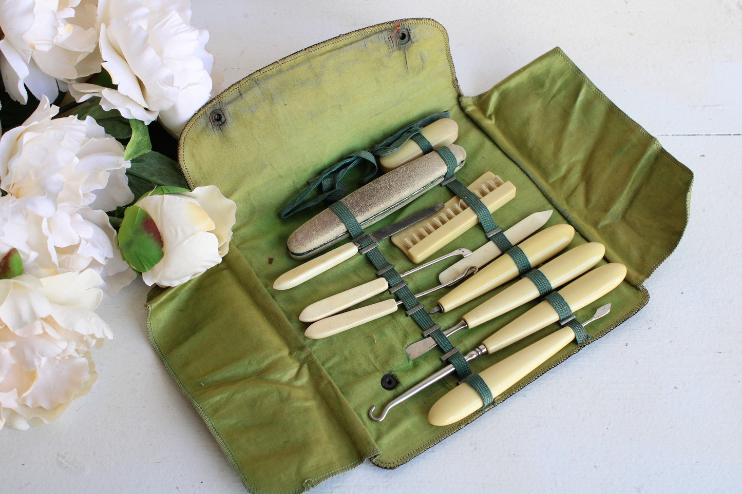 Vintage 1920s 1930s Grooming Kit,  Art Deco Black Leather with Green Silk Lining