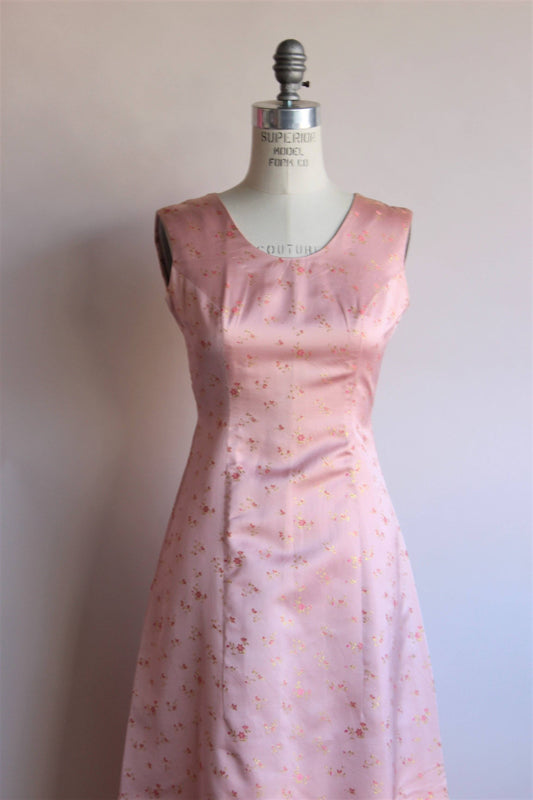 Vintage 1960s Pink Floral Embroidery Satin Maxi Dress-Toadstool Farm Vintage-1960s,bridesmaid,Brocade,dress,embroidered,floral embroidery,maxi,maxidress,party,party prom,pink,satin,Vintage,Vintage Clothing