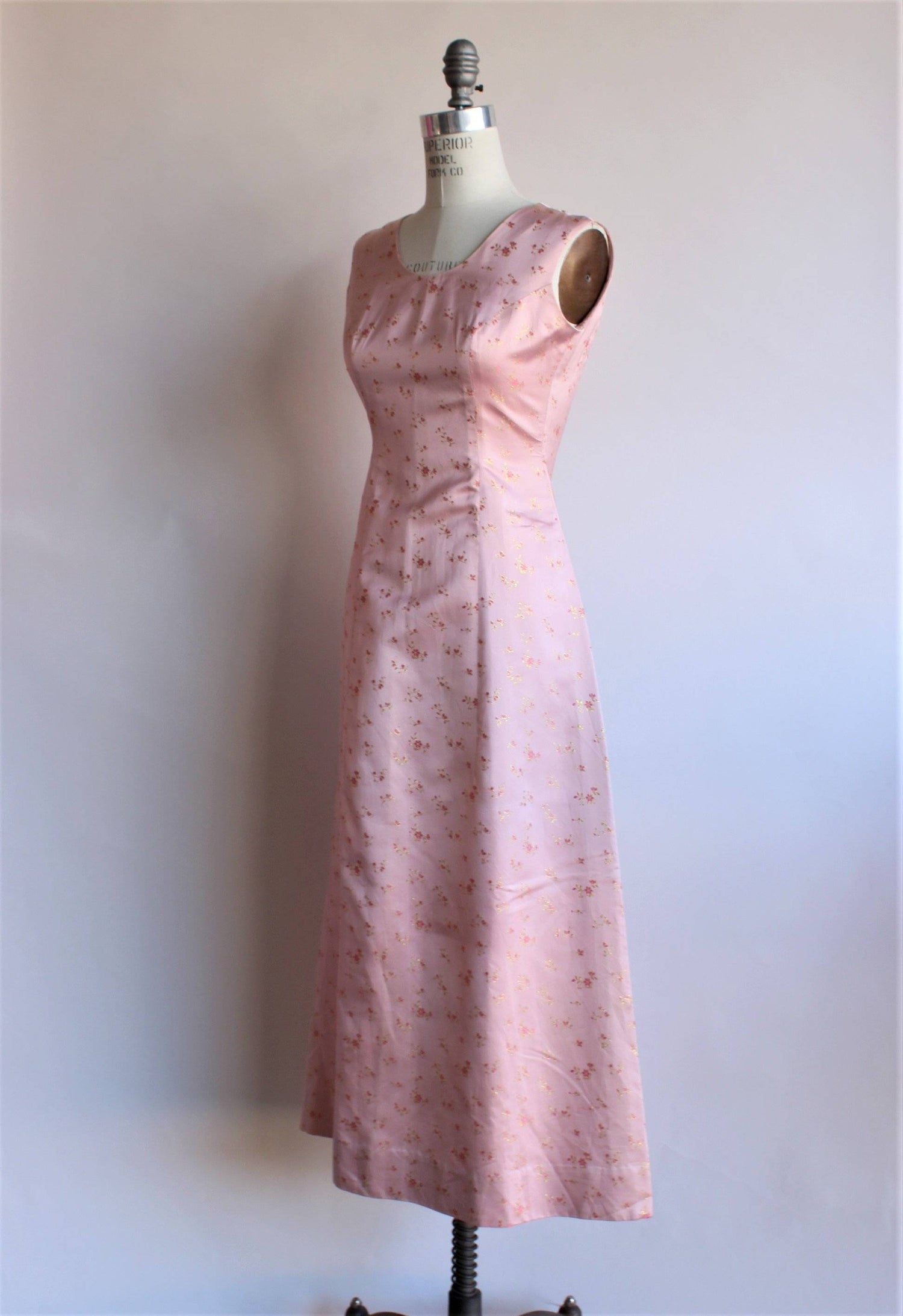 Vintage 1960s Pink Floral Embroidery Satin Maxi Dress-Toadstool Farm Vintage-1960s,bridesmaid,Brocade,dress,embroidered,floral embroidery,maxi,maxidress,party,party prom,pink,satin,Vintage,Vintage Clothing