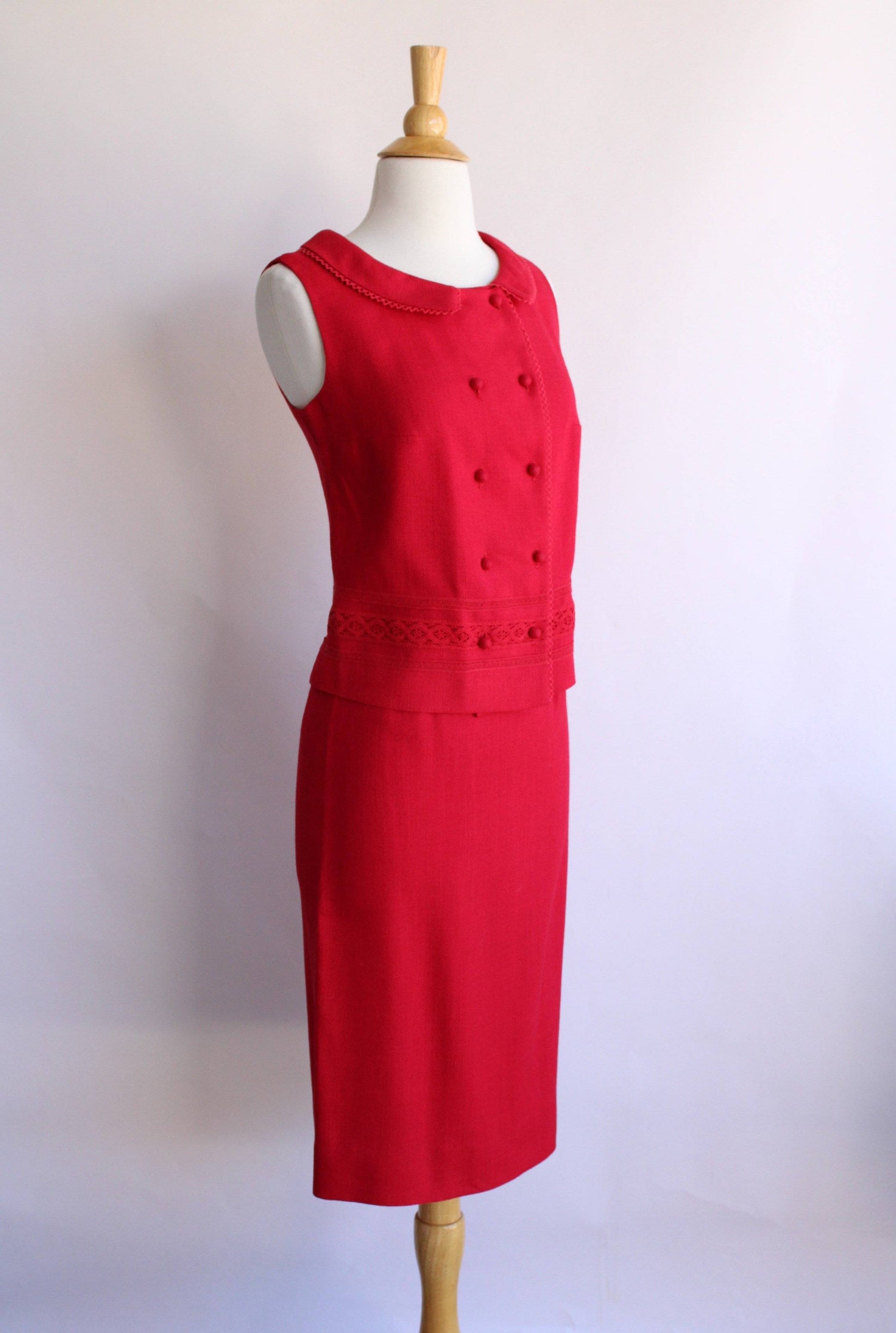Vintage 1960s Two Piece Outfit Separates, Campus Casuals-Toadstool Farm Vintage-barkcloth,boxy top,campus casuals,pencil skirt,red,Separates,seperates,suit,two piece,Vintage,Vintage Clothing