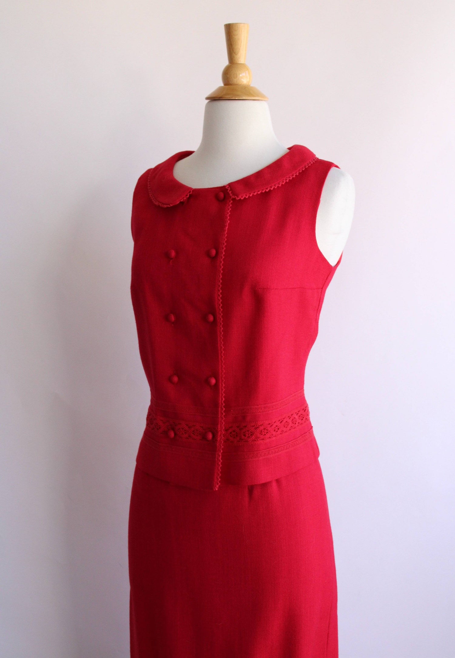 Vintage 1960s Two Piece Outfit Separates, Campus Casuals-Toadstool Farm Vintage-barkcloth,boxy top,campus casuals,pencil skirt,red,Separates,seperates,suit,two piece,Vintage,Vintage Clothing