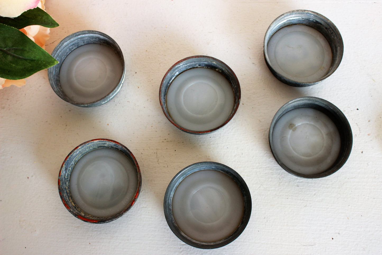 Vintage Zinc Mason Jar Lids with  Boyd's Genuine Porcelain Inserts
