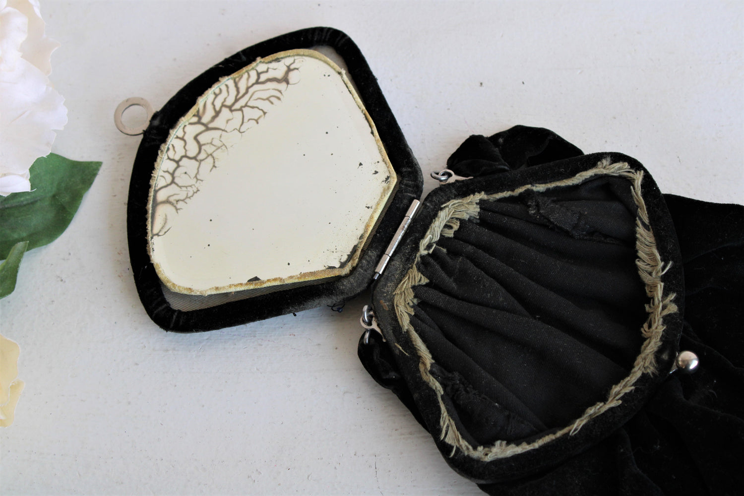 Antique 1910s Black Velvet Reticule with Beaded Flower and Mirror