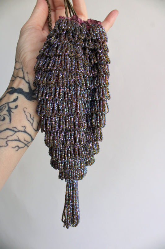 Vintage 1920s Purple Iridescent Beaded Silk Reticule