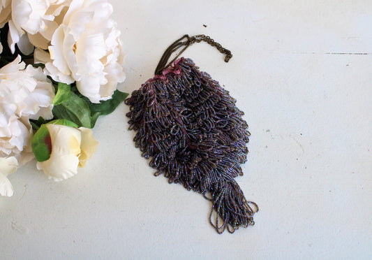 Vintage 1920s Purple Iridescent Beaded Silk Reticule