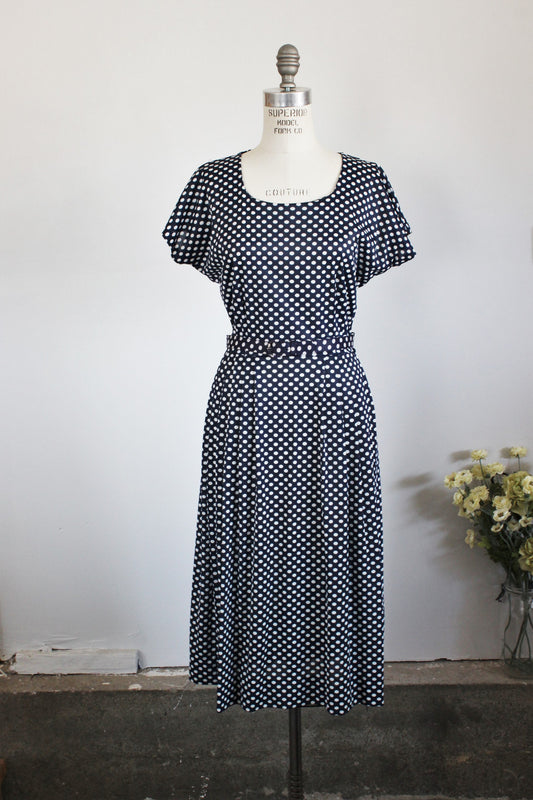 Vintage 1950s Polkadot Dress With Belt / Navy Blue And White Casualmaker by Sy Frankl