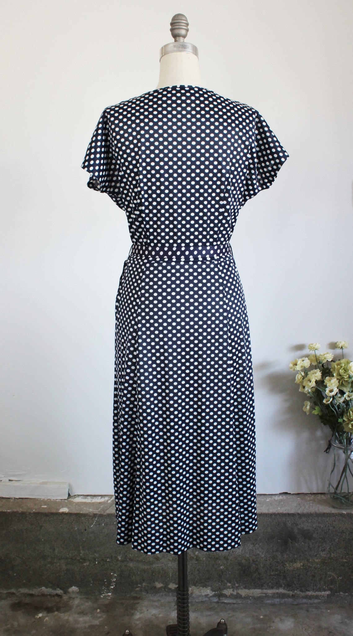 Vintage 1950s Polkadot Dress With Belt / Navy Blue And White Casualmaker by Sy Frankl