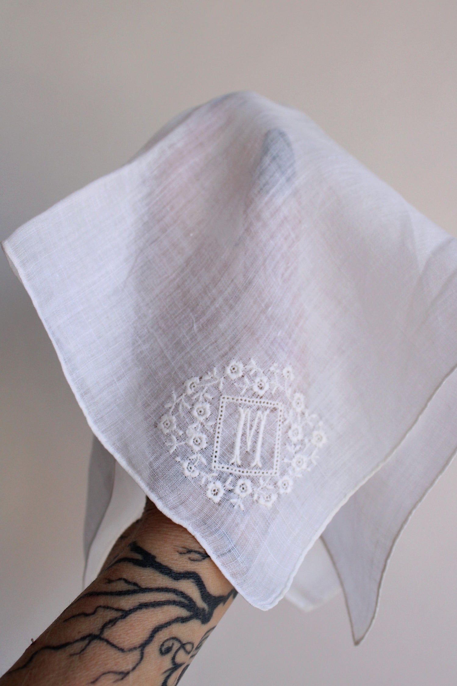 Vintage Monogrammed M White Linen Handkerchief