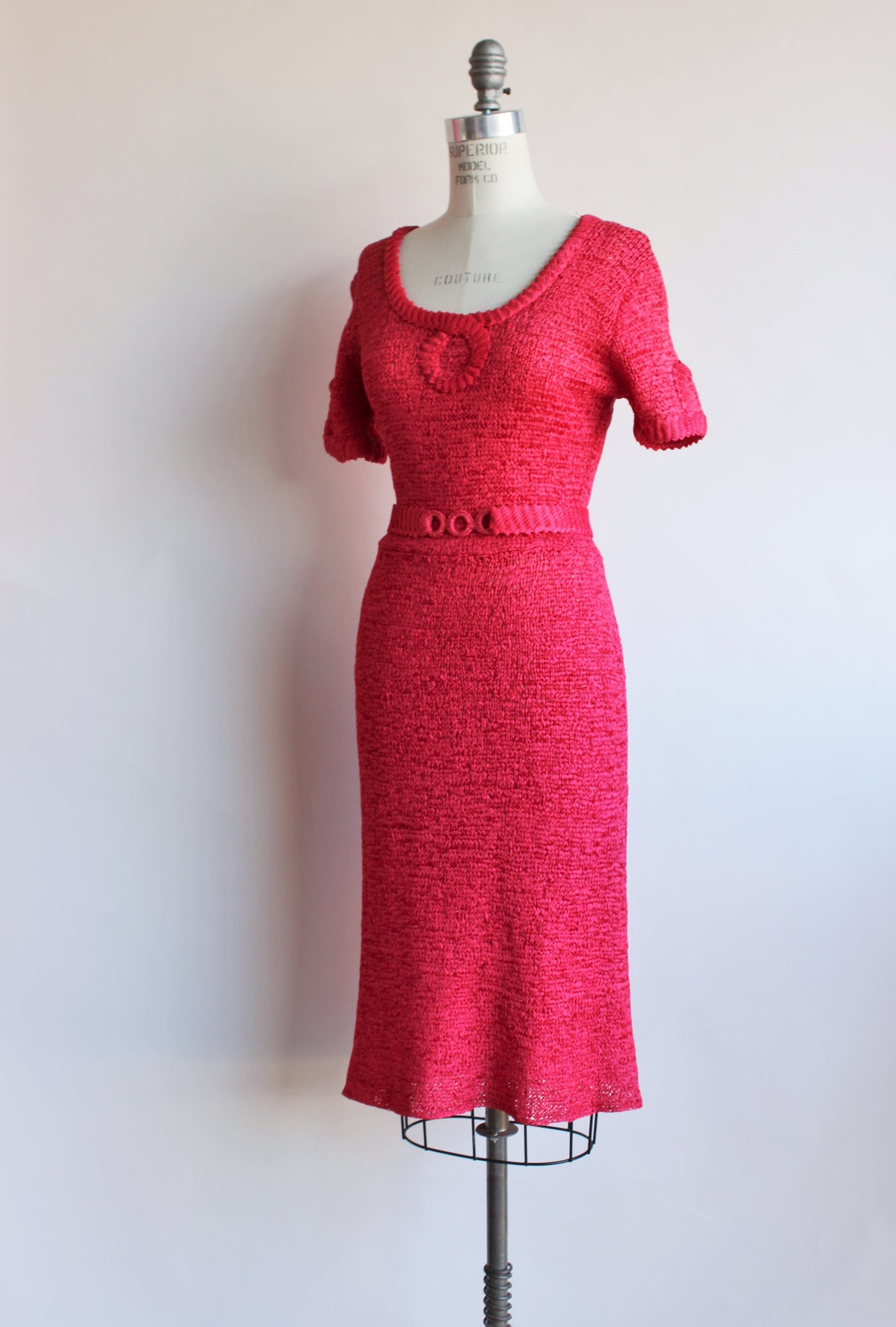 Vintage 1940s Raspberry Pink Ribbon Dress