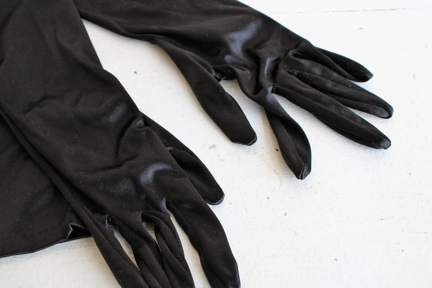 Vintage 1990s Shoulder Length Black Satin Gloves
