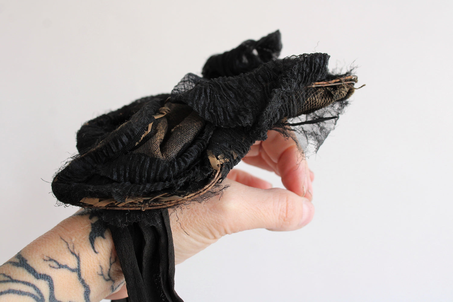 Antique Mid 1800s Victorian Bonnet in Black Silk