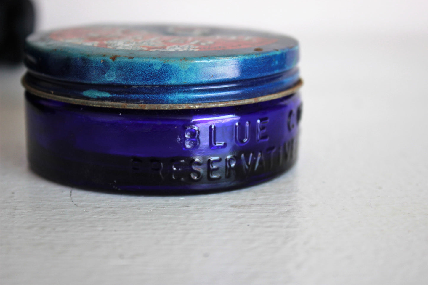 Vintage 1940s 1950s Cobalt Blue Glass Jar / Blue Coral Preservative Sealer