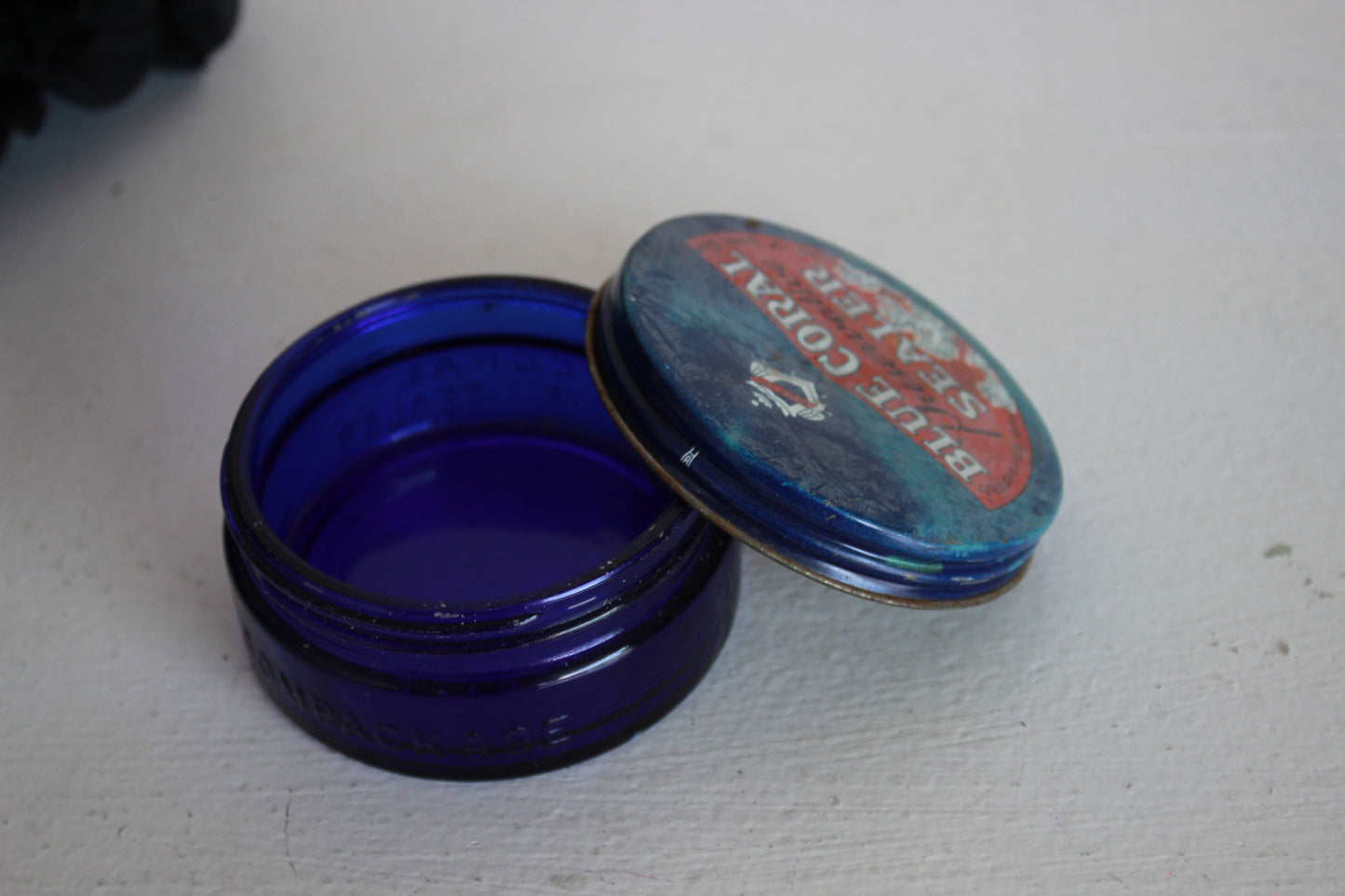 Vintage 1940s 1950s Cobalt Blue Glass Jar / Blue Coral Preservative Sealer
