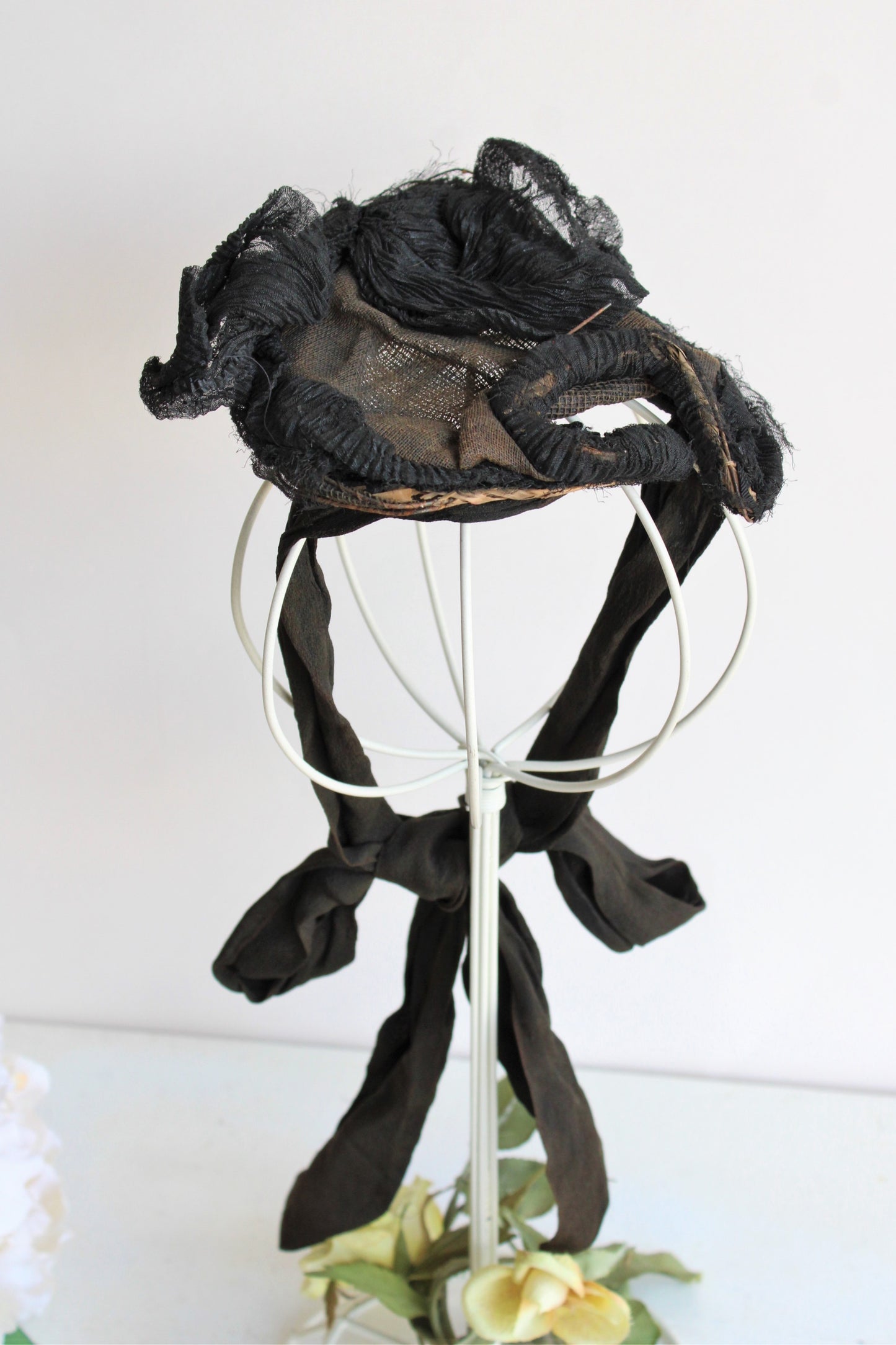 Antique Mid 1800s Victorian Bonnet in Black Silk
