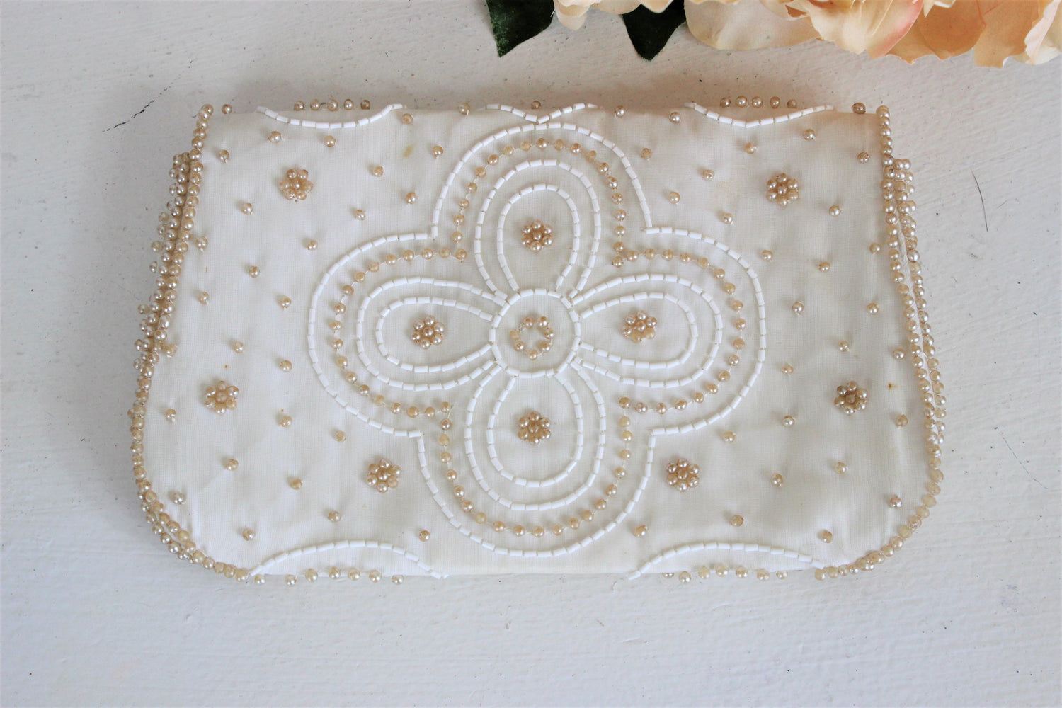 Vintage La Regale Clutch Ivory Silk with Pearls 1950s Made in Japan