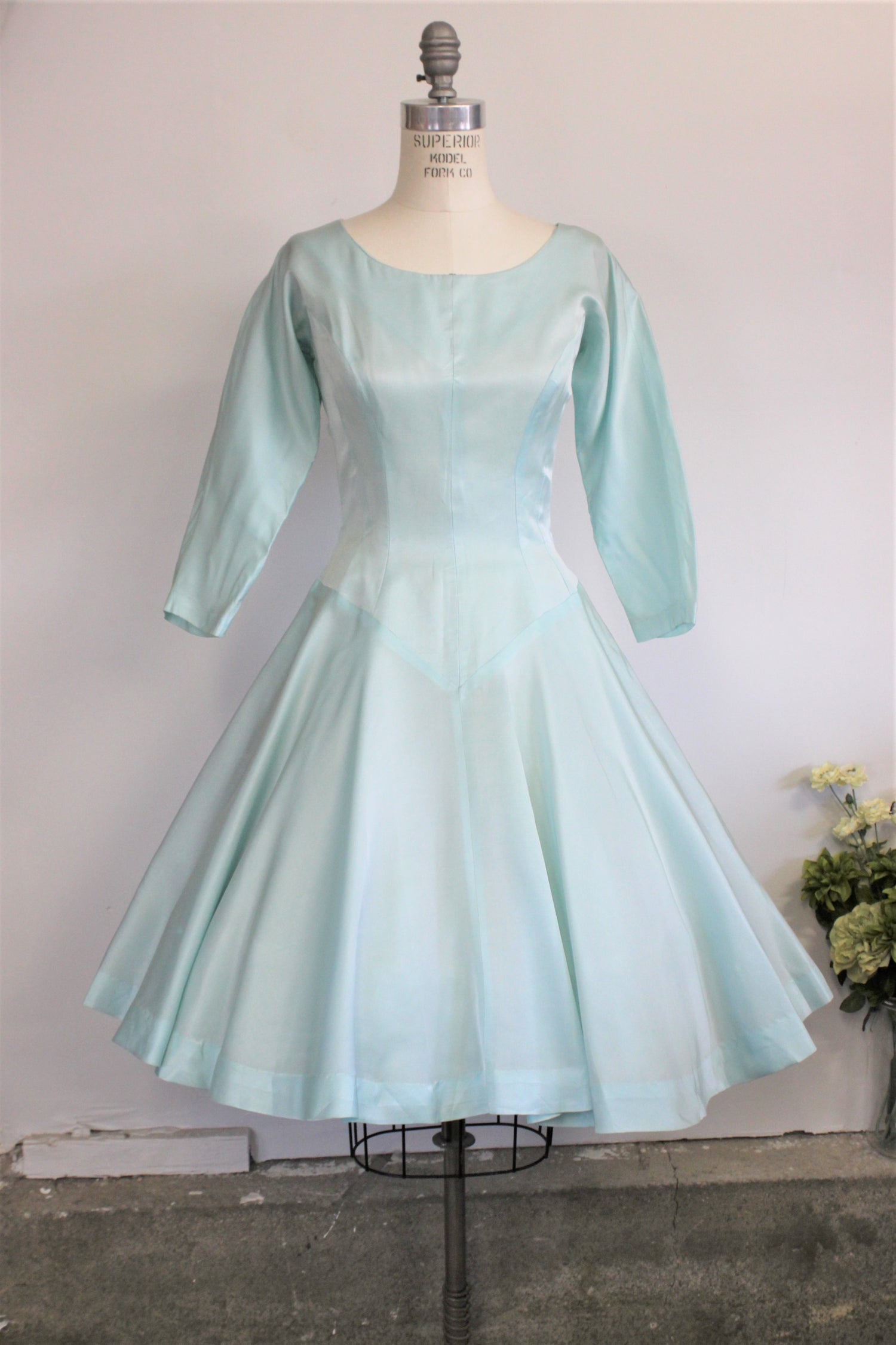 Vintage 1950s Satin Fit And Flare Ice Blue Dress