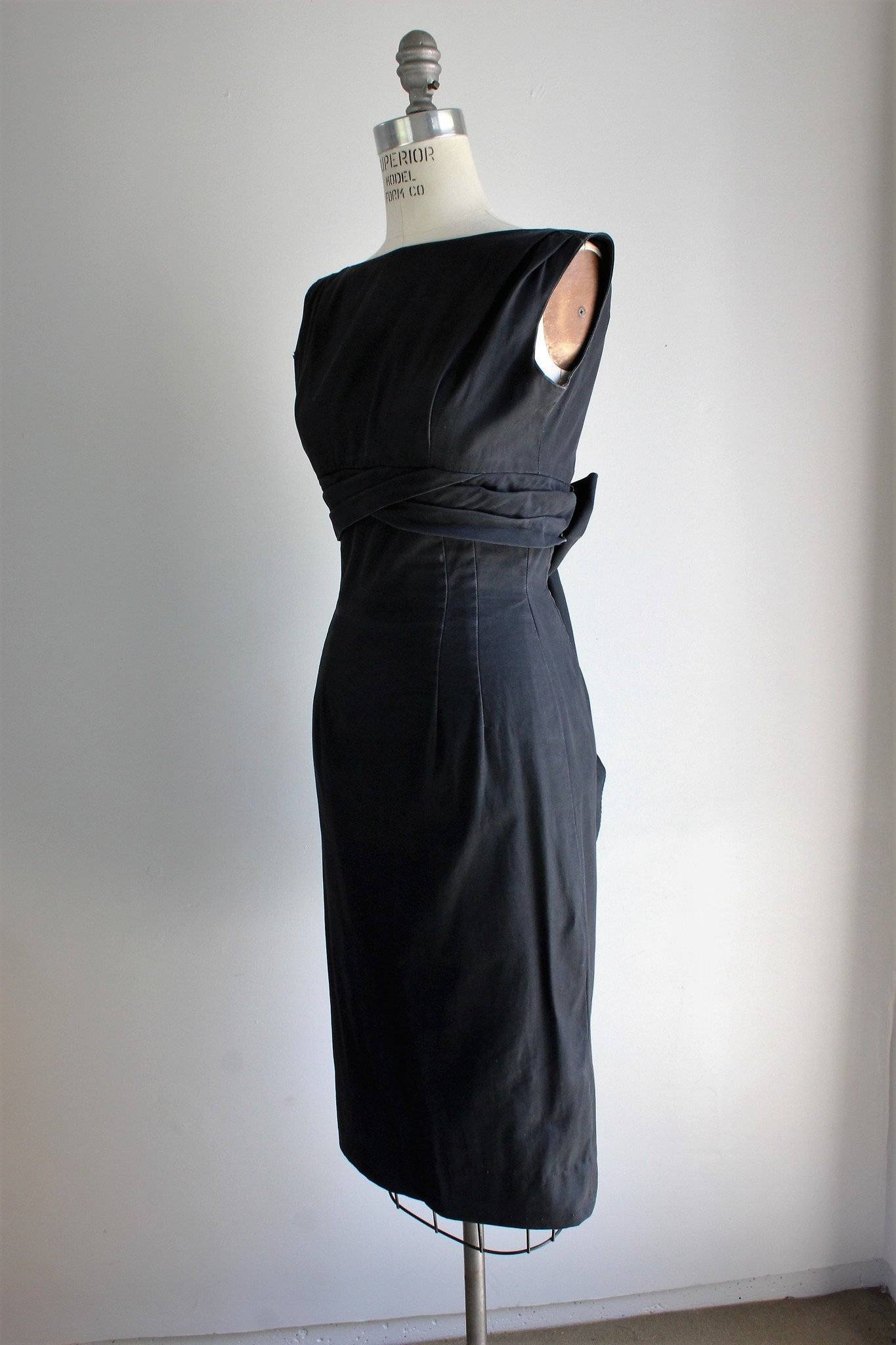 Vintage 1950s or 1960s Black Cotton Faille Dress-The Black Velvet Emporium-1950s 1960s,dress,Vintage,Vintage Clothing,wiggle dress