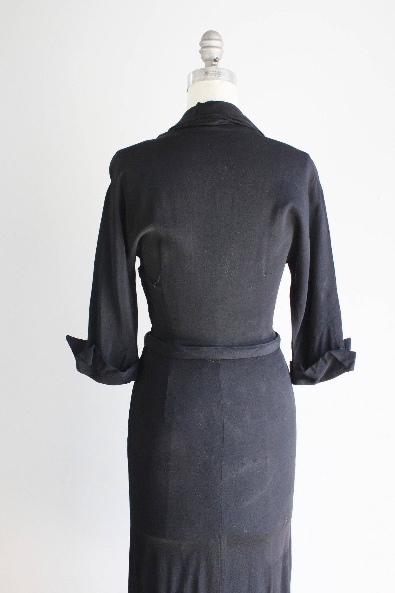 Vintage 1930s Black Rayon Crepe LIttle Black Wiggle Dress-The Black Velvet Emporium-1940s,gothic cothing,lbd,Little Black Dress,rayon crepe,vap,Vintage,Vintage Clothing,wiggle dress