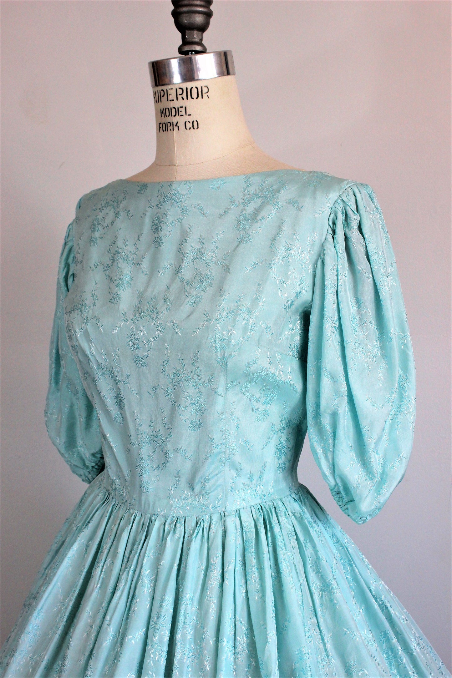 Vintage 1950s Brocade Dress / 50s Ice Blue Damask Dress 