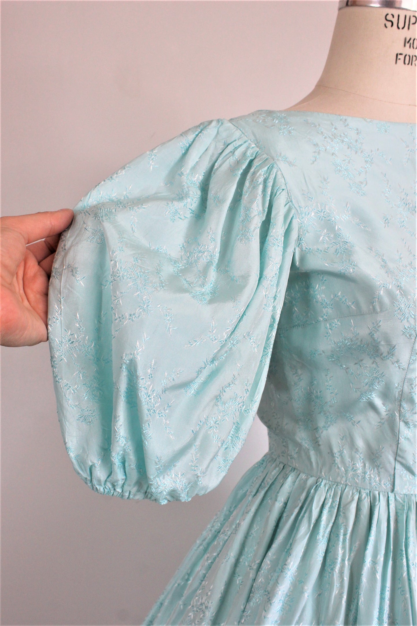 Vintage 1950s Brocade Dress / 50s Ice Blue Damask Dress 