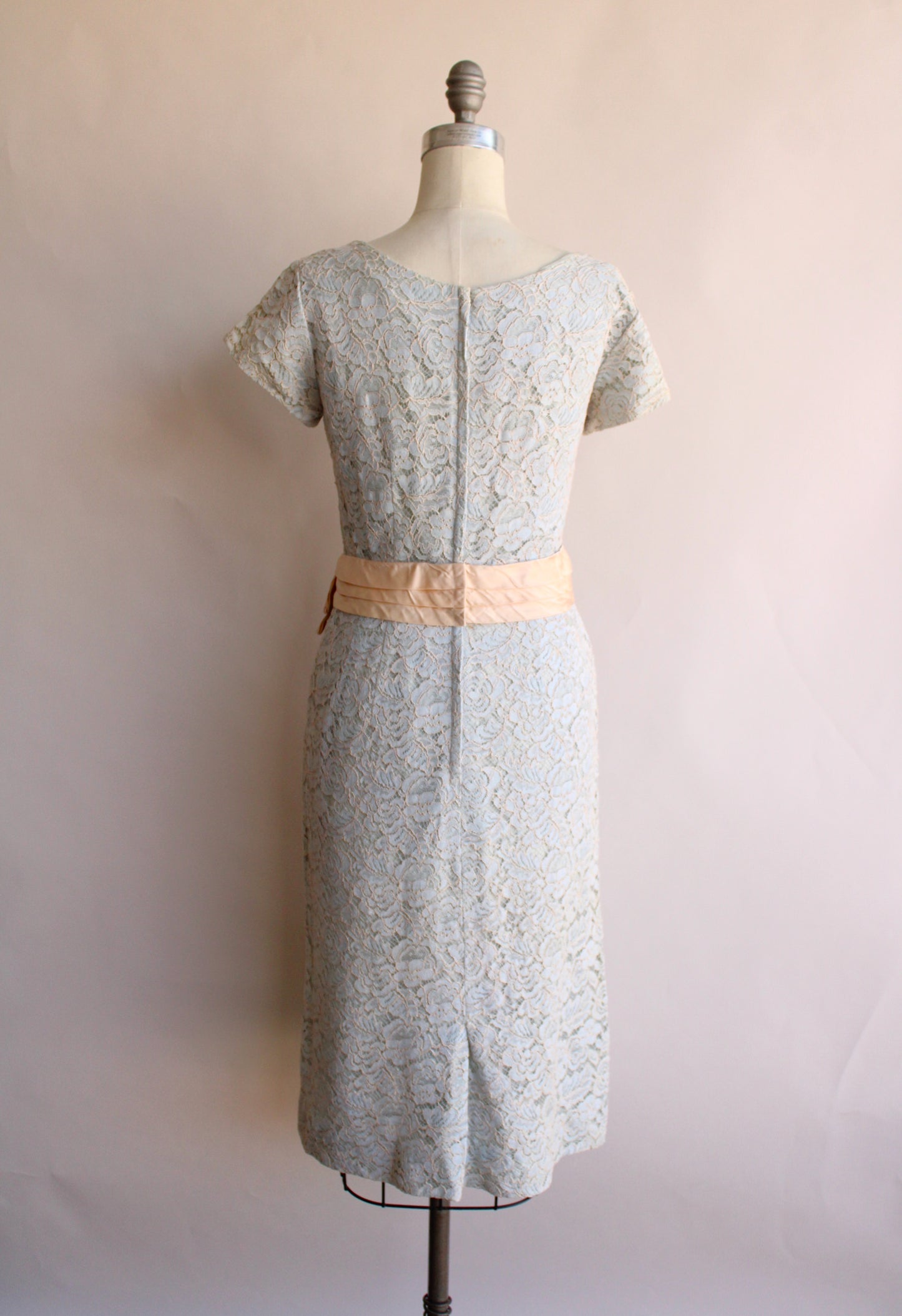 Vintage 1950s Blue Lace Dress With Blush Satin Sash