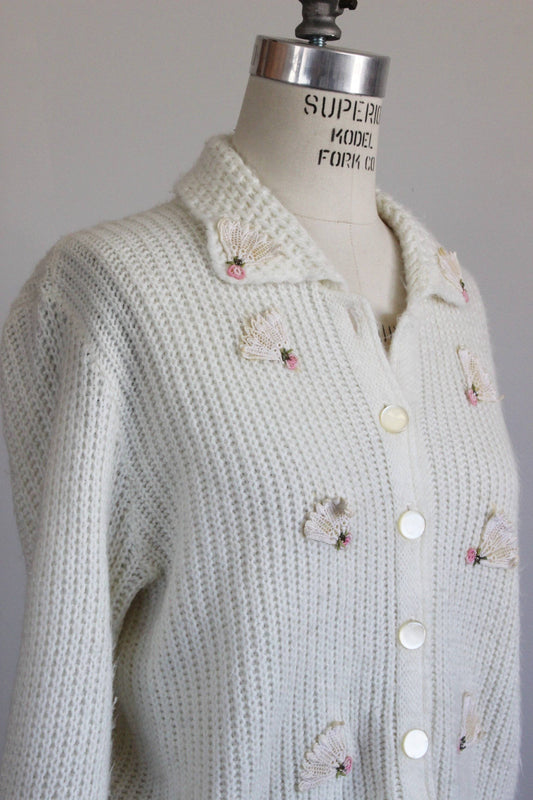 Vintage 1950s Off White Cardigan Sweater, with Fan Appliques-Toadstool Farm Vintage-1950s Sweater,50s Cardian,Appliques,Autumn Sweater,Fall Sweater,Vintage,Vintage Clothing,White Sweater