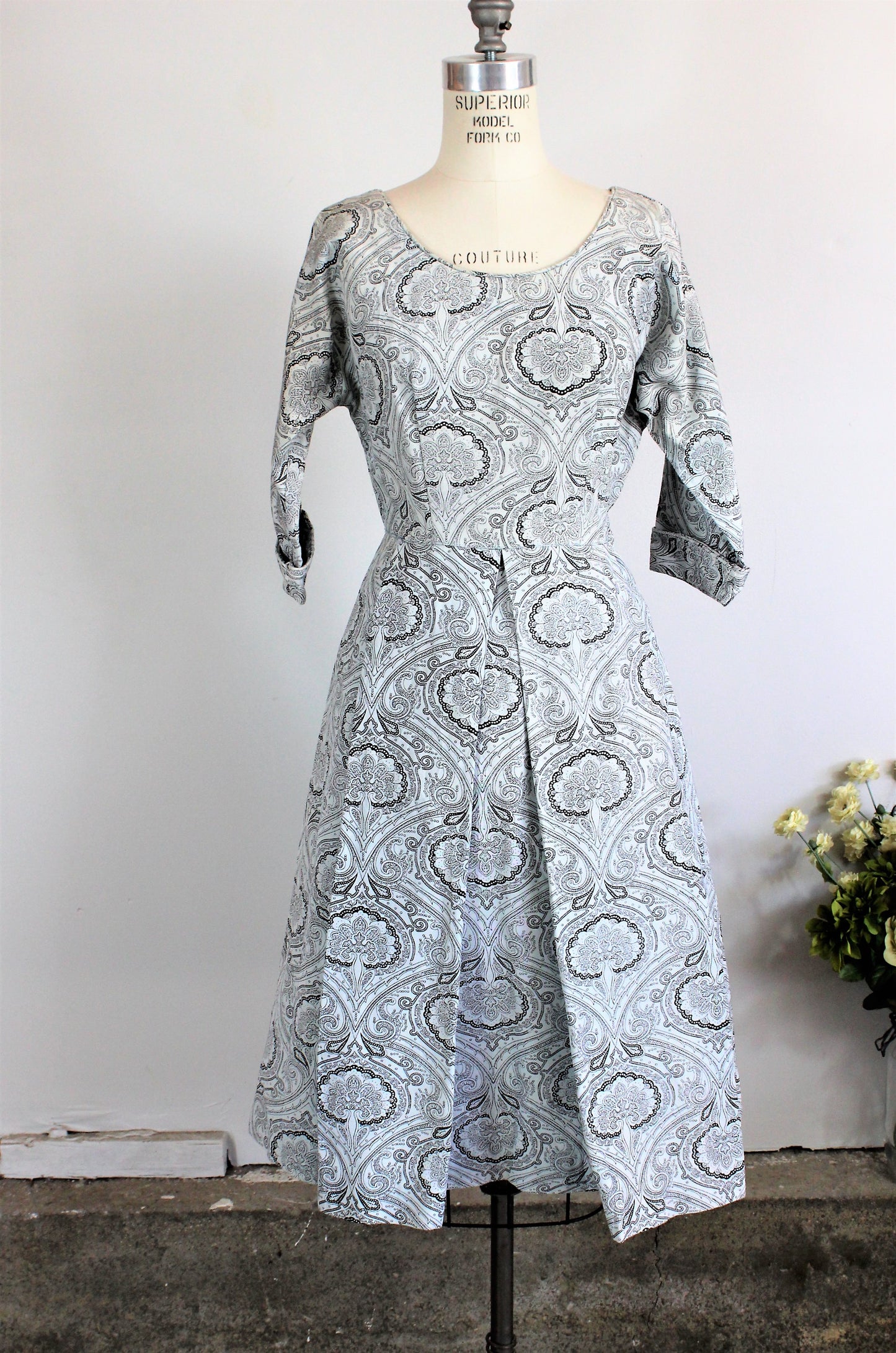 Vintage 1950s Fit And Flare Paisley Print Dress with Box Pleats