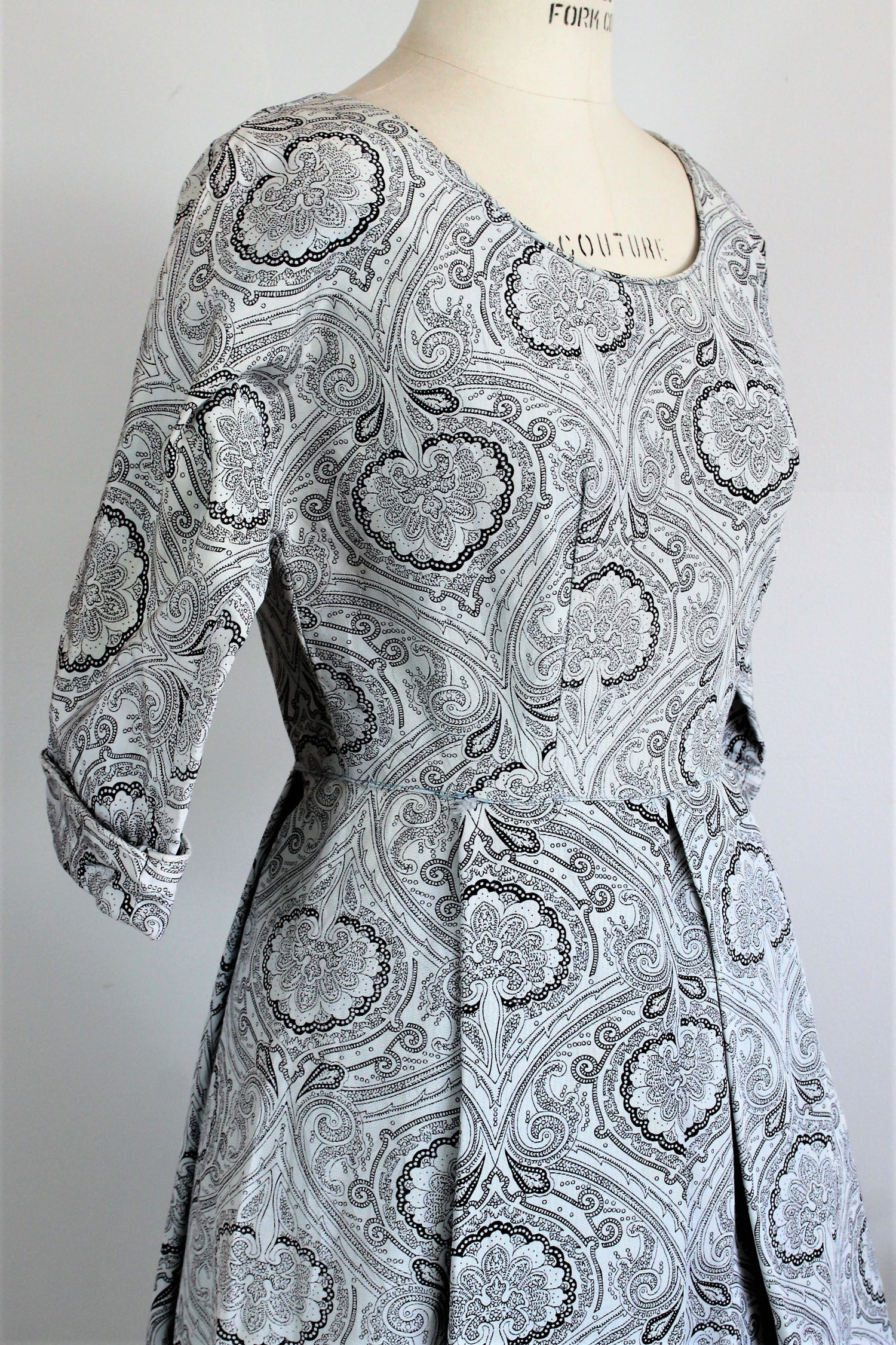 Vintage 1950s Fit And Flare Paisley Print Dress with Box Pleats