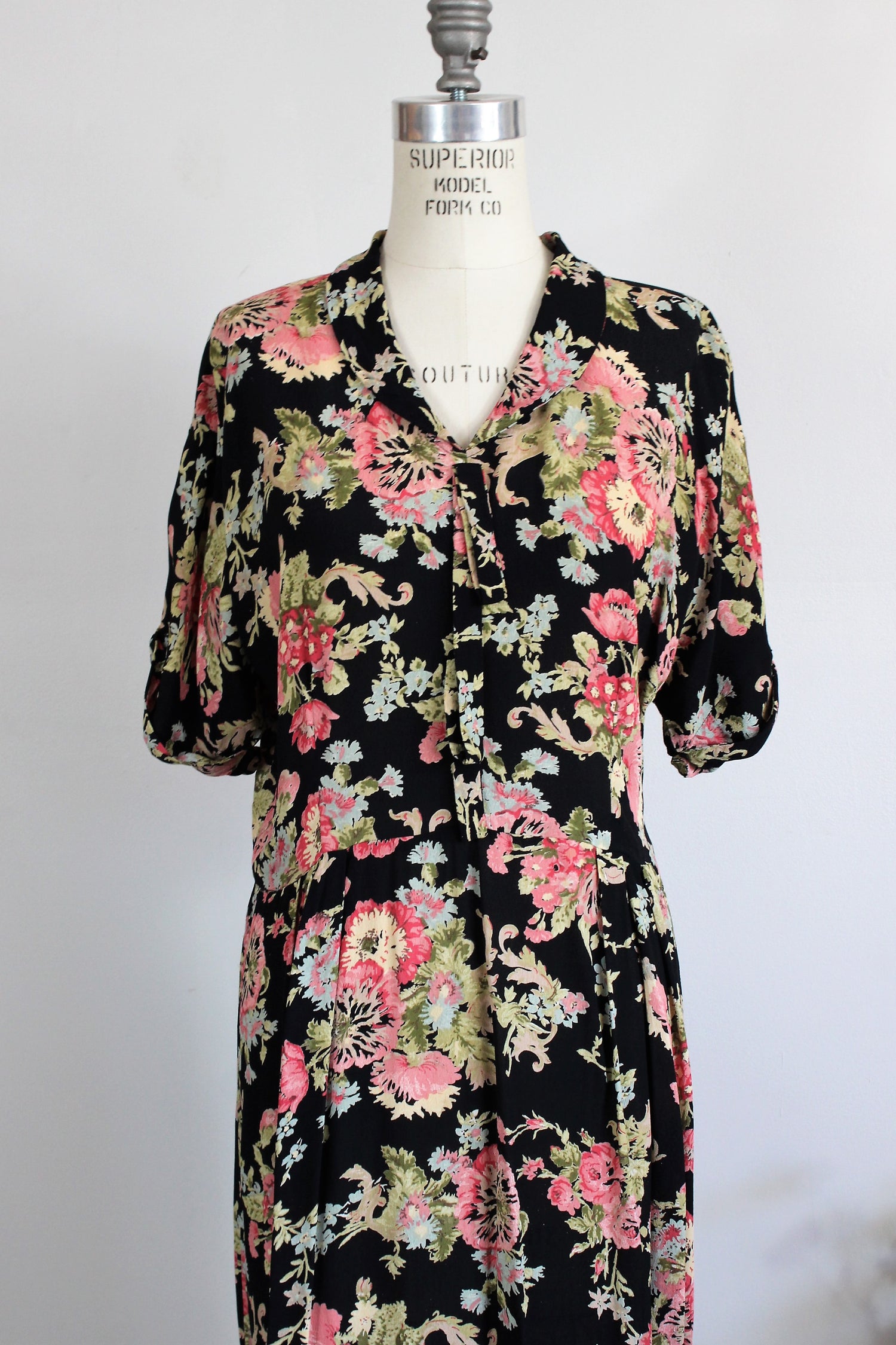 Vintage 1980's 1990s Toots Pierre Black Floral Print Dress