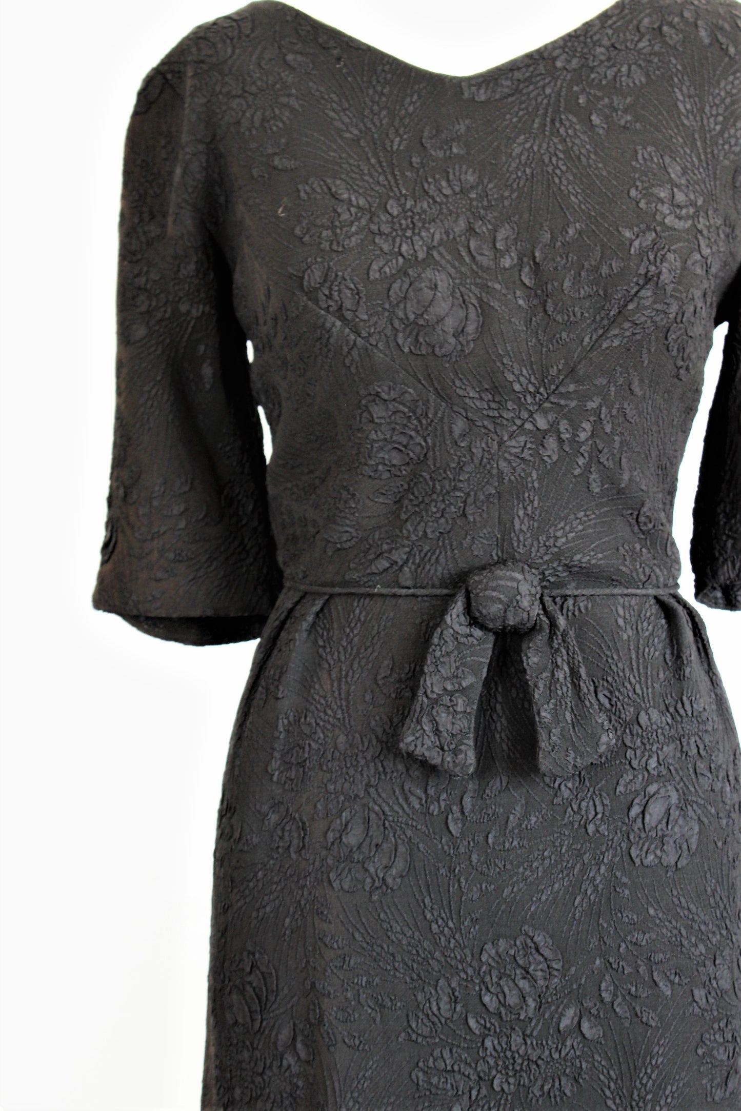 Vintage 1960s Black Damask Dress With Bow
