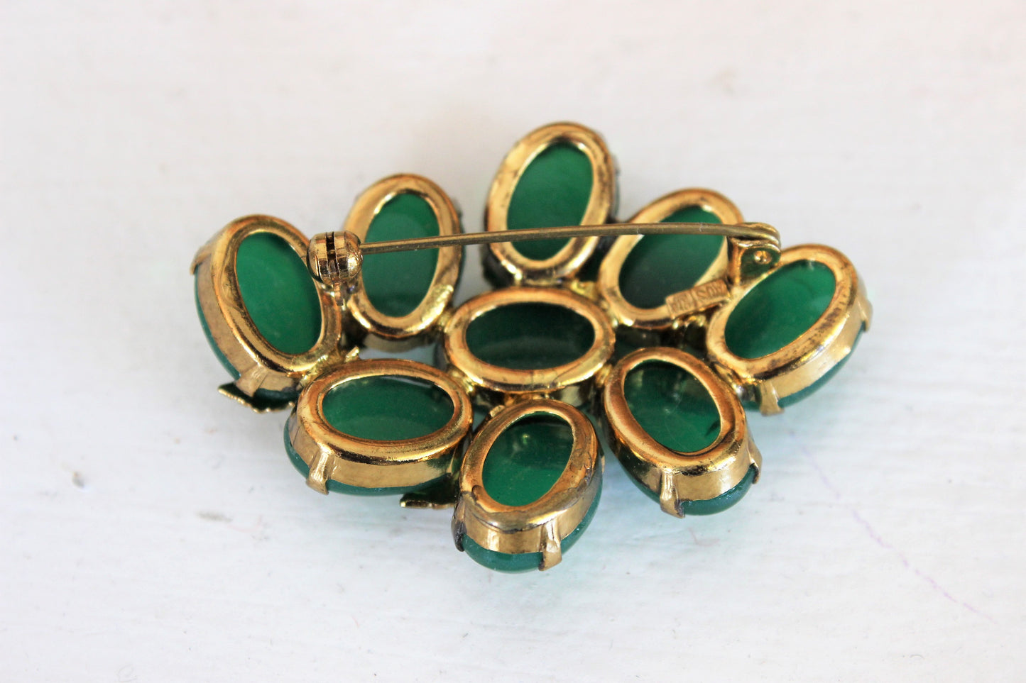 Vintage Mid Century Austrian Green Glass Beads With Gold Leaves Brooch