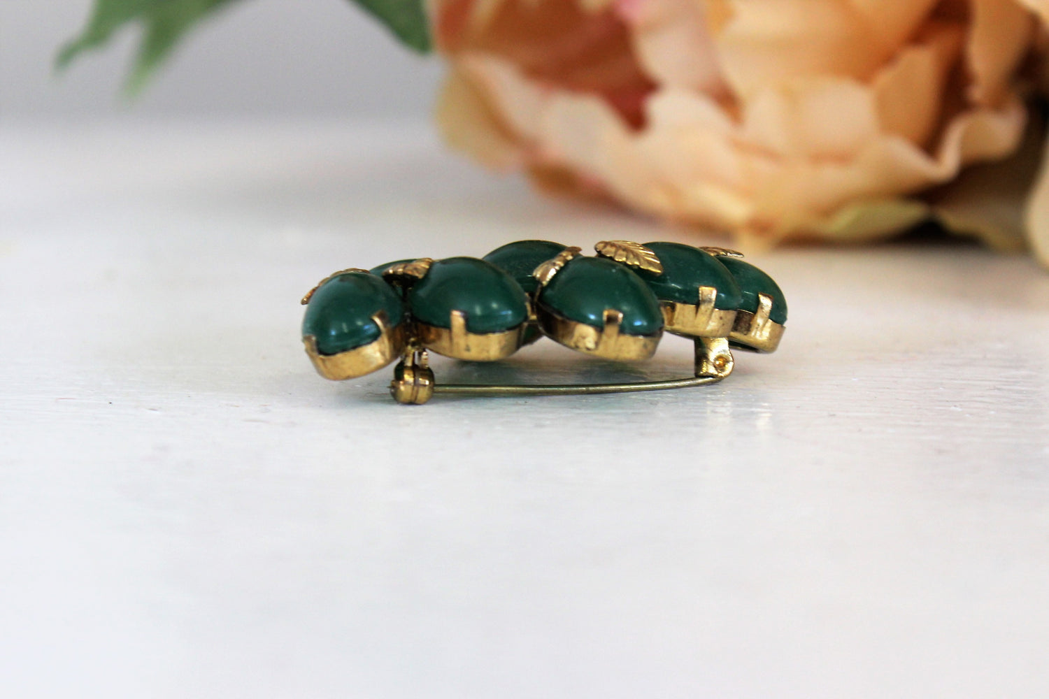 Vintage Mid Century Austrian Green Glass Beads With Gold Leaves Brooch