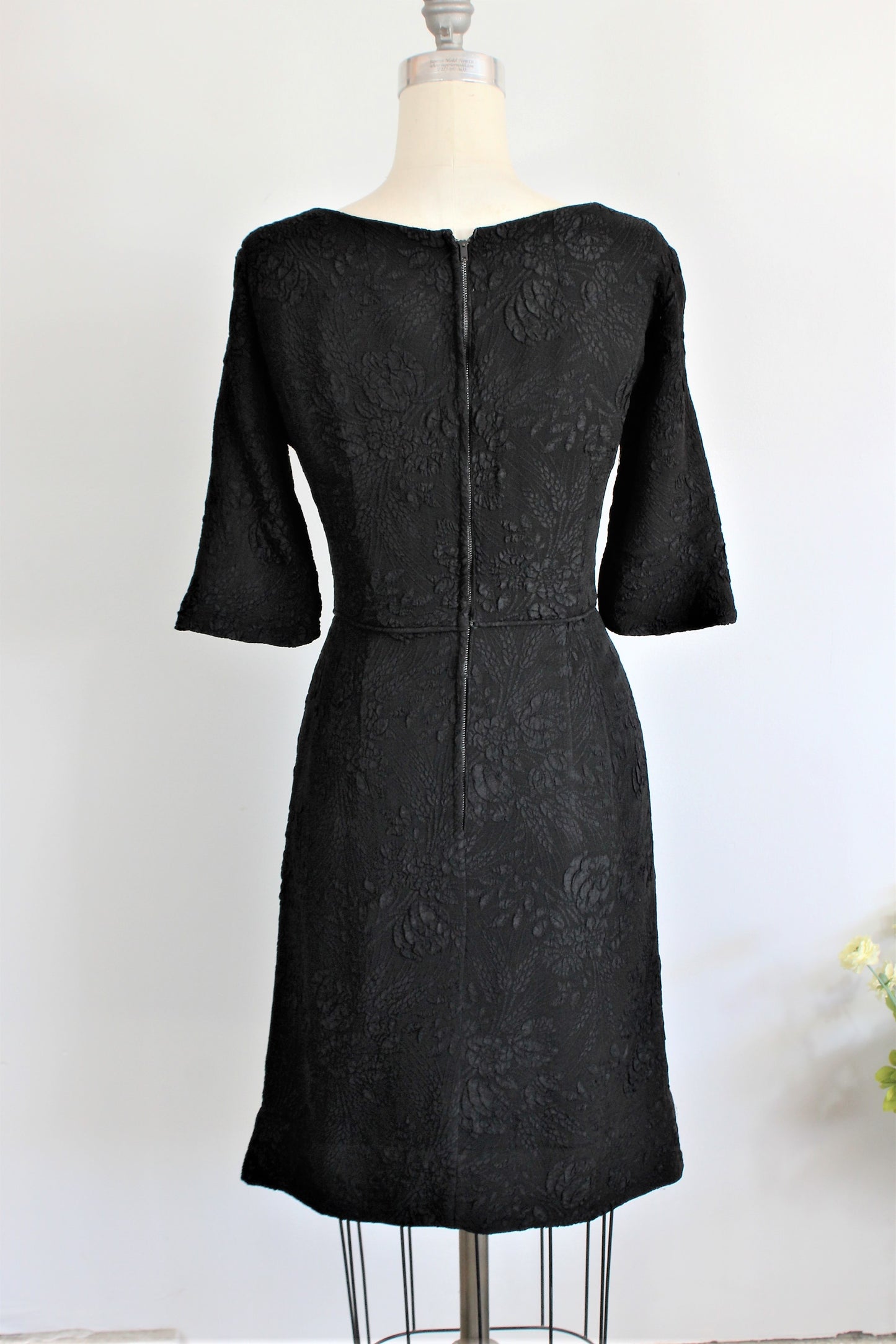 Vintage 1960s Black Damask Dress With Bow