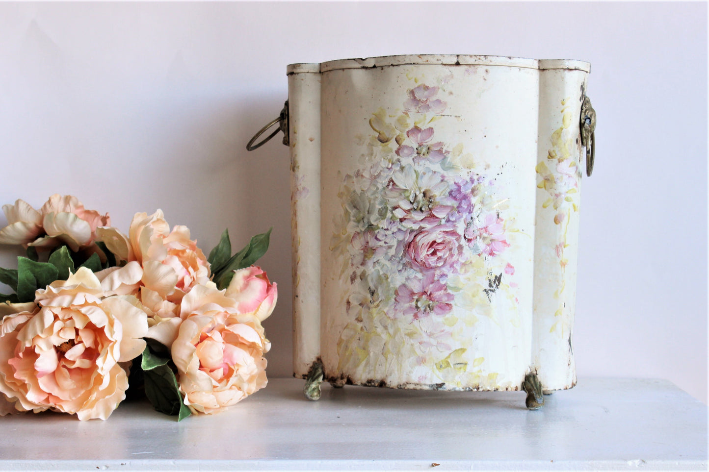 Vintage 1950s Tole Painted Metal Trash Can