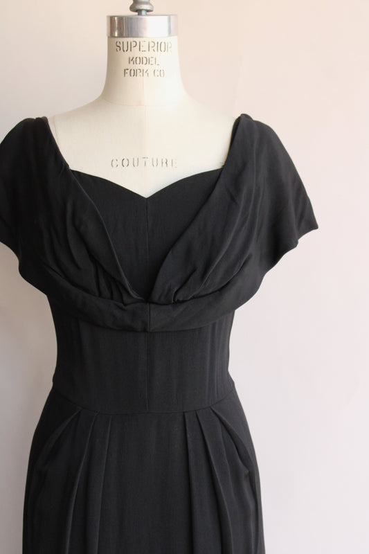 Vintage 1950s Black Rayon Wiggle Dress with Shawl Collar