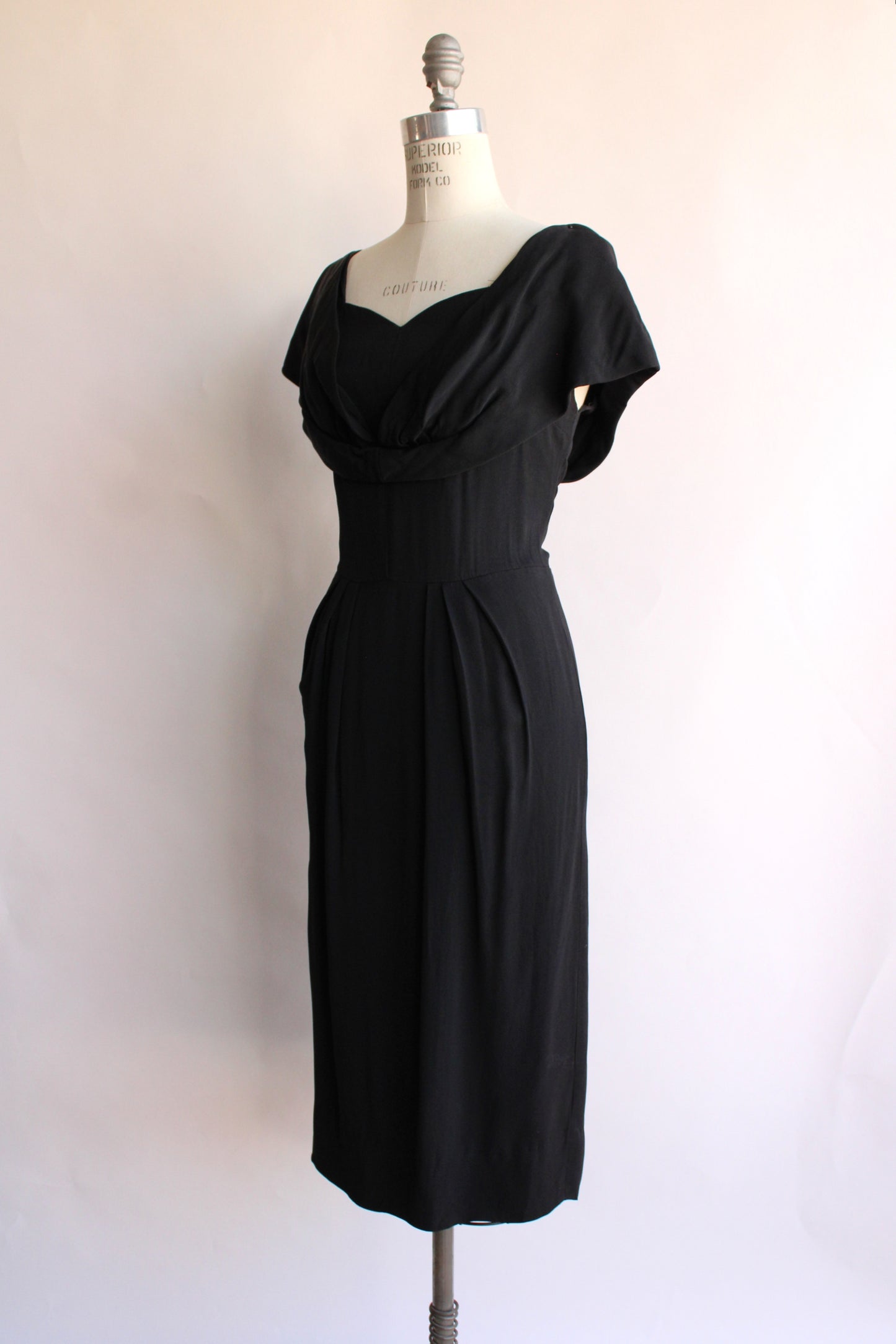 Vintage 1950s Black Rayon Wiggle Dress with Shawl Collar