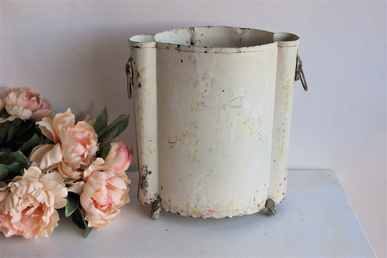 Vintage 1950s Tole Painted Metal Trash Can