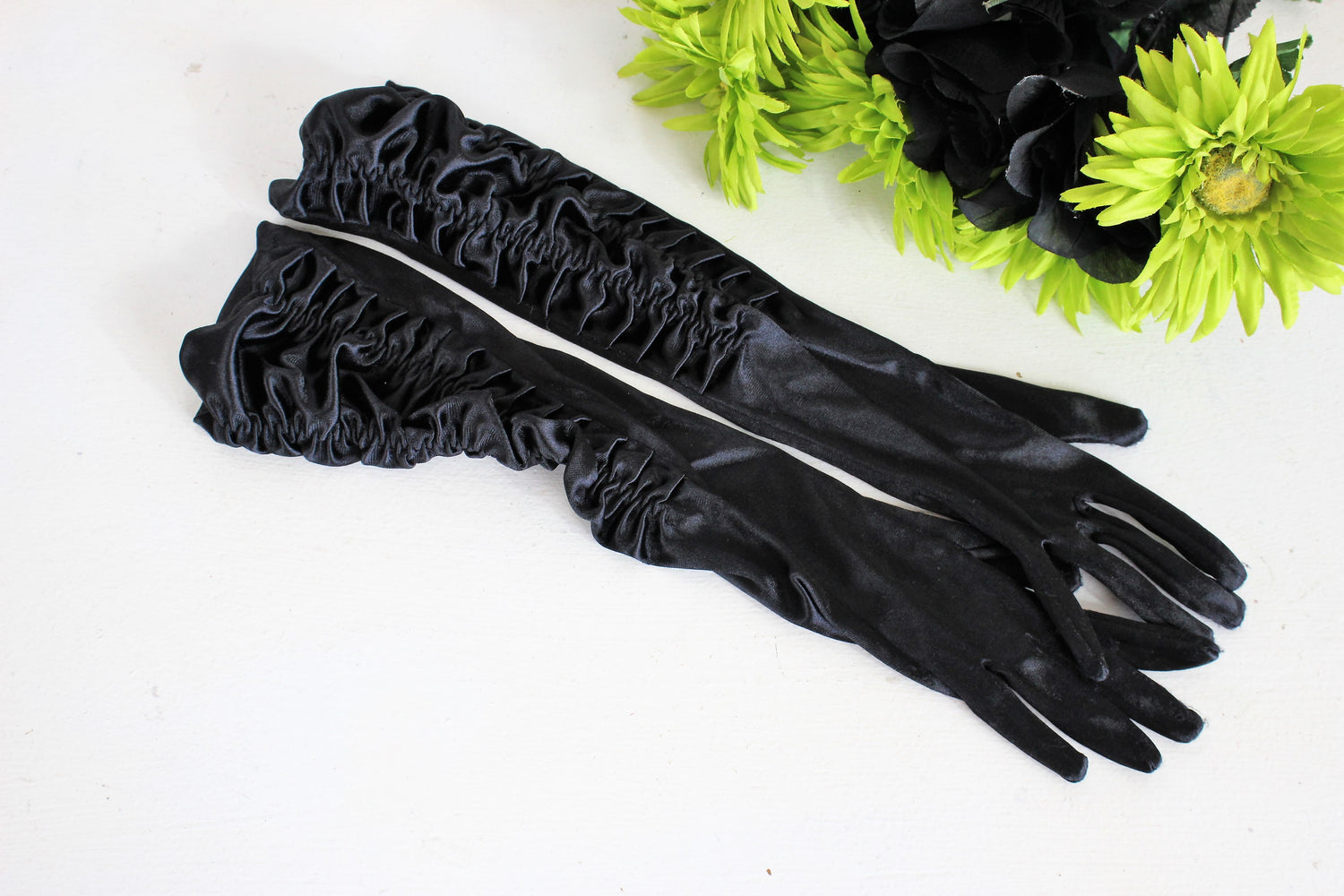Vintage 1990s Black Satin Gloves With Ruching