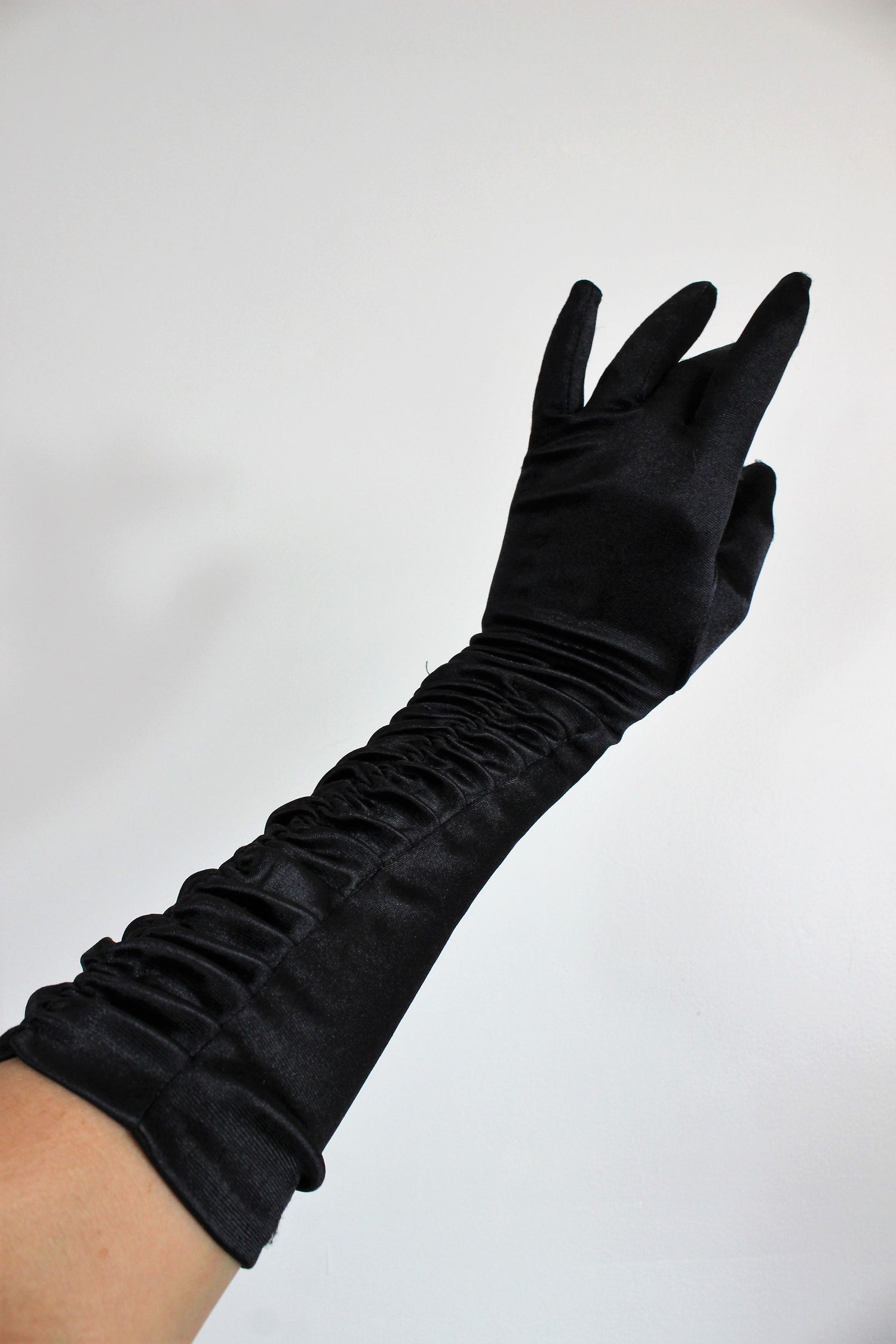 Vintage 1990s Black Satin Gloves With Ruching – Toadstool Farm Vintage