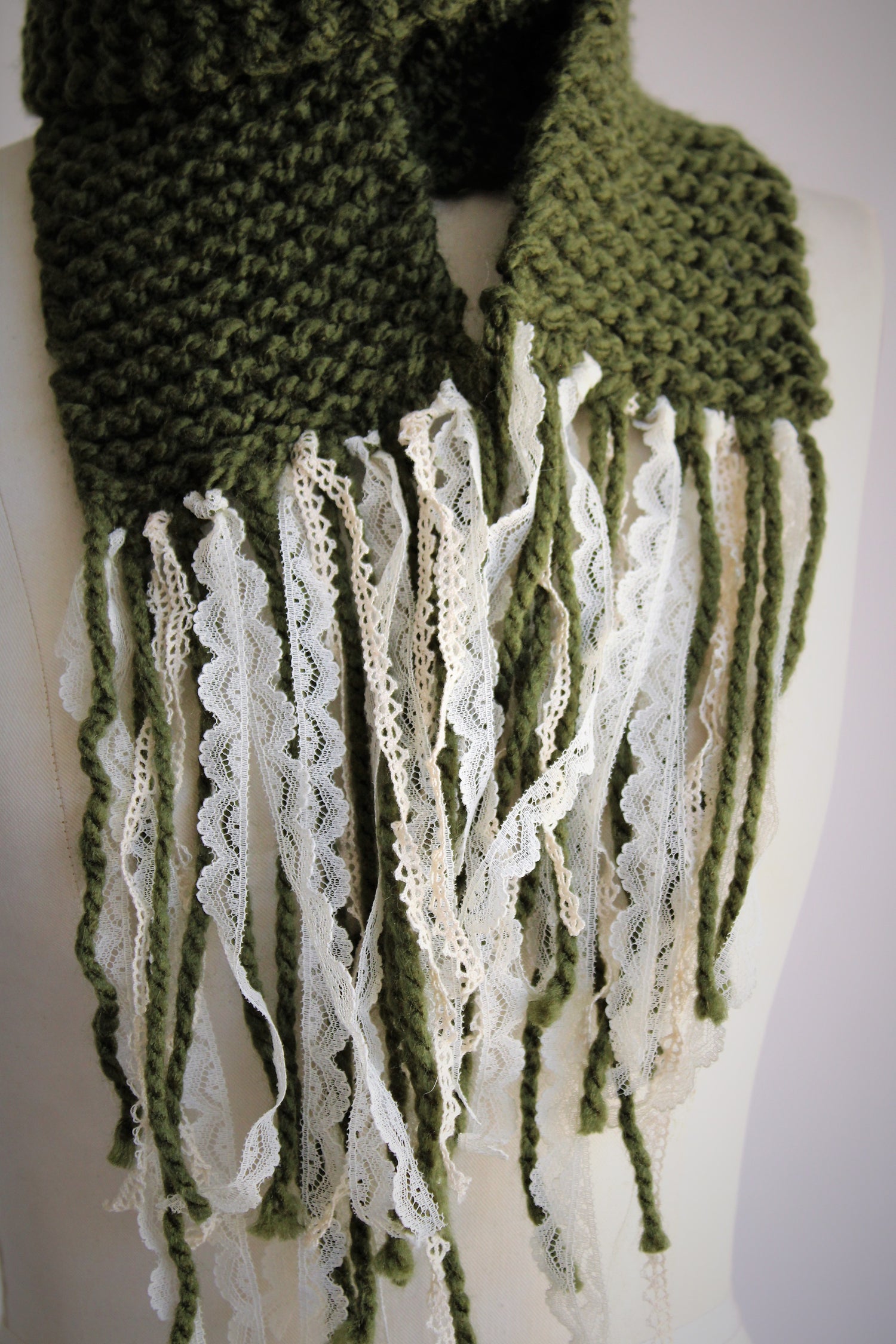 The Meadow Knit Scarf With Lace Fringe, Handknit