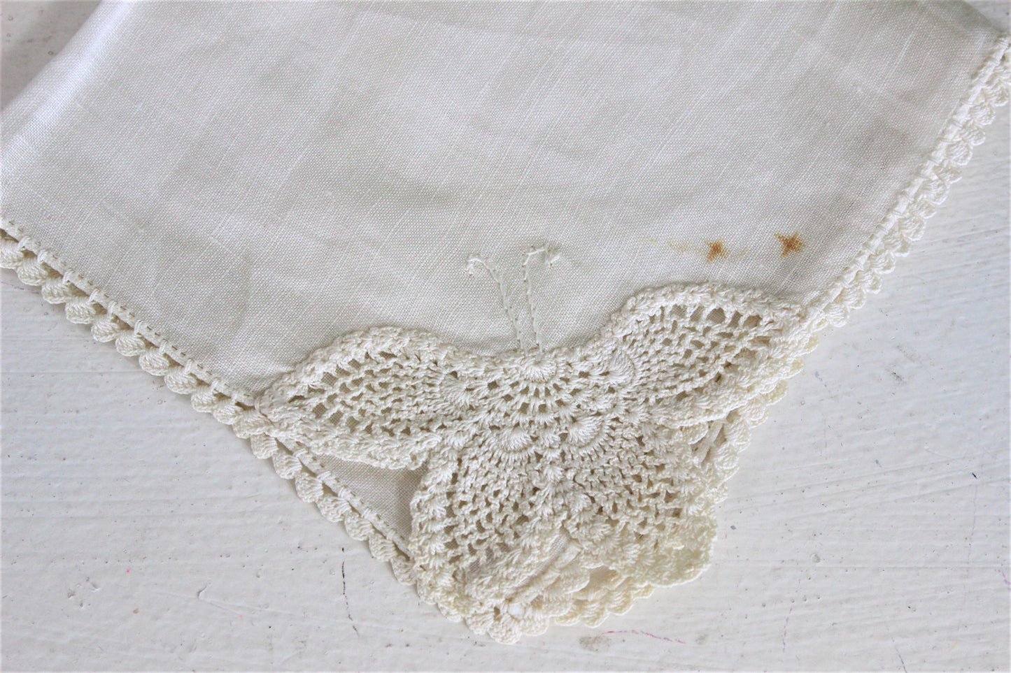 Vintage Handkerchief Linen and  Crochet Lace Butterfly