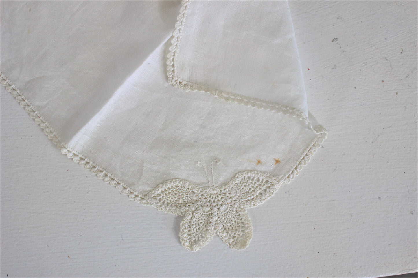 Vintage Handkerchief Linen and  Crochet Lace Butterfly