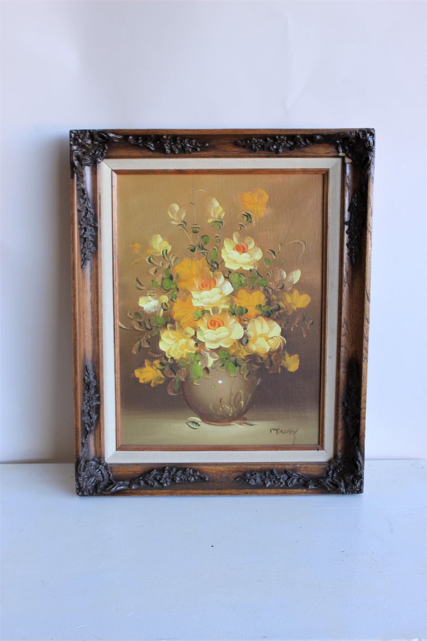 Vintage 1960s Yellow Roses Framed Oil Painting