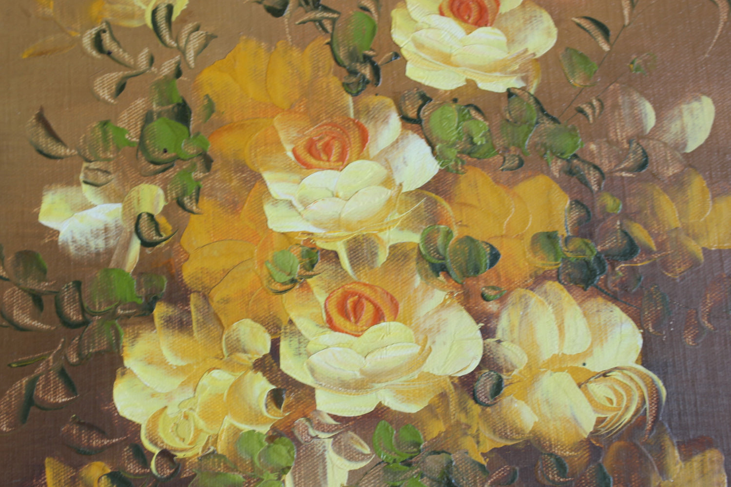 Vintage 1960s Yellow Roses Framed Oil Painting