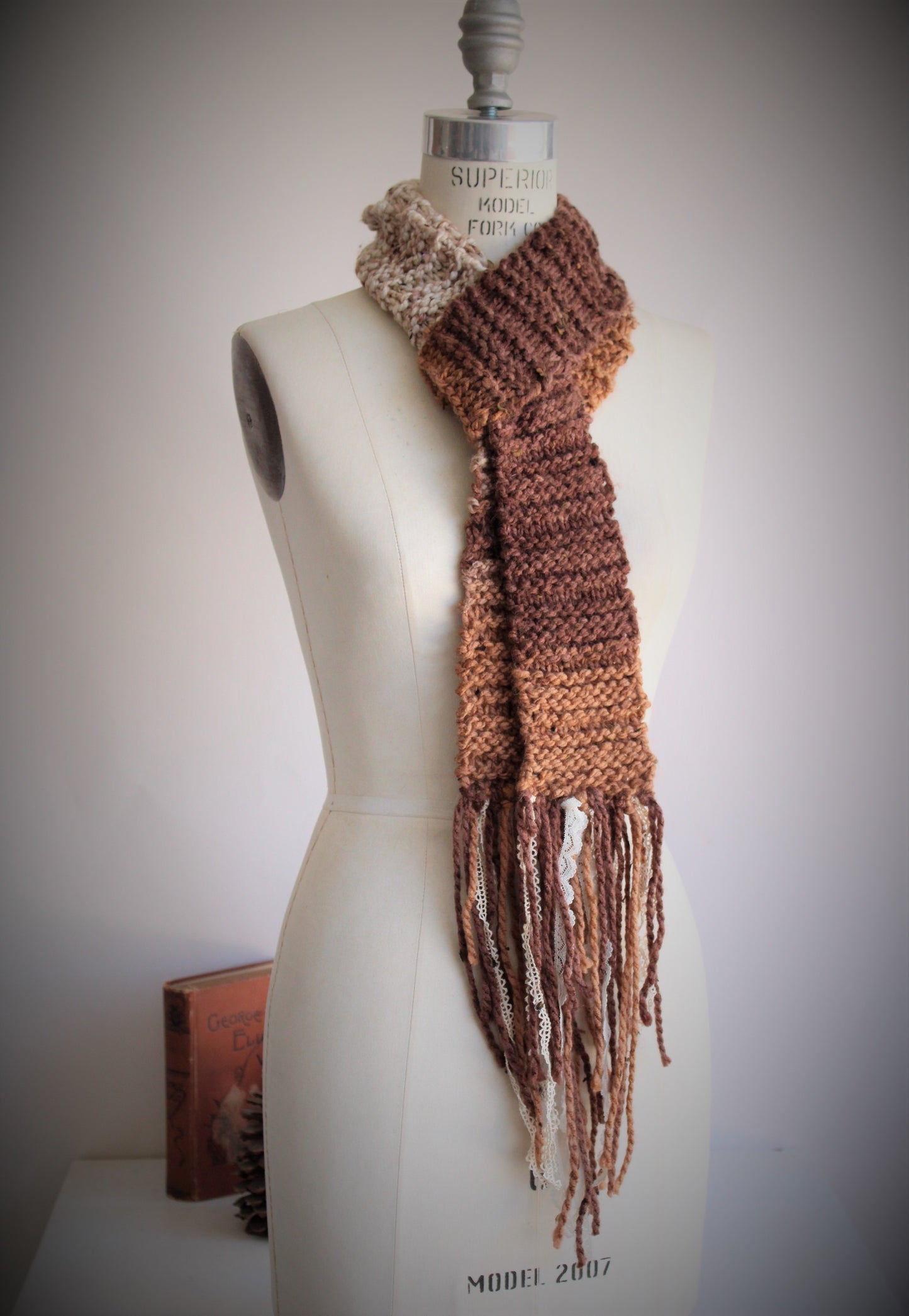 The "Autumn Tree" Knit Scarf with Vintage Lace Fringe
