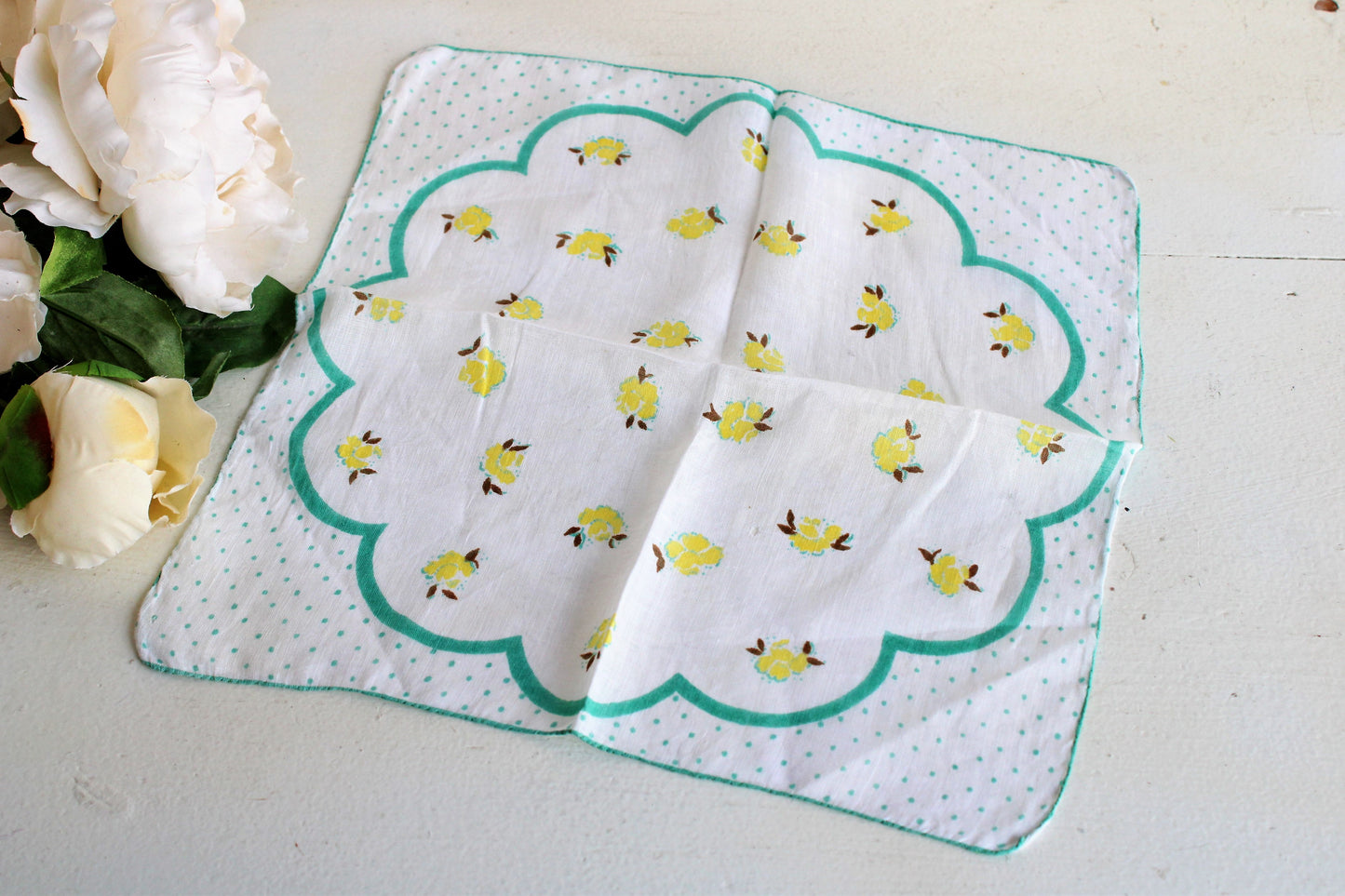 Vintage Cotton Hanky with Yellow Roses and Teal Polkadots